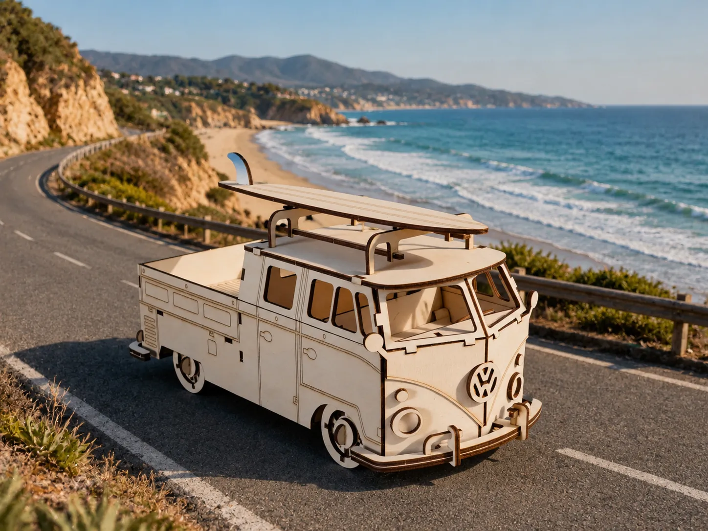 VW T1 Bulli Pritsche mit Surfbrett – Holzbausatz